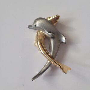"Faf" Signed Double Dolphin Gold and Silver Tone Brooch